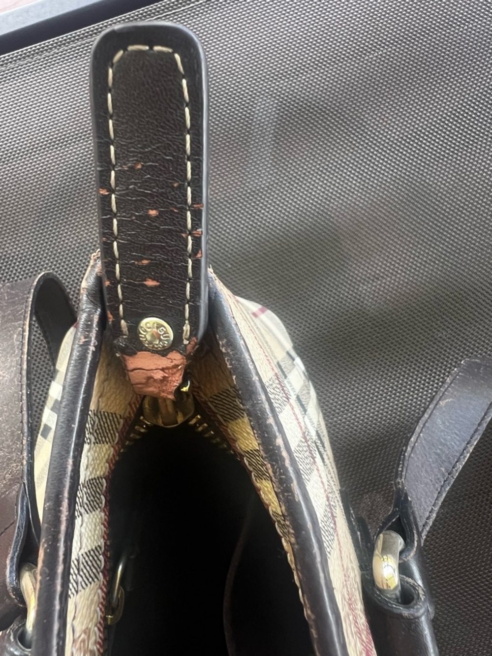 Burberry Tan & Black Plaid Leather-Trim Tote - Picture 5 of 10